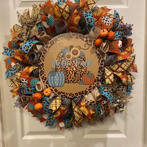 Fall Wreath, Hello Fall Wreath, Leopard Wreath, Teal Wreath, Autumn Wreath, burlap wreath