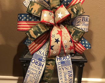 Patriotic Bow, Marines Bow, Military Bow, USA Bow, Camo Bow, American Flag Bow, Wreath Bow, Lantern Bow, Basket Bow
