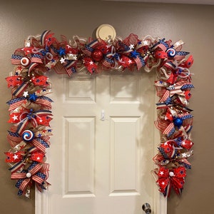 ABTOLS Patriotic Wreath Sash For Front Door, Red White Stripe