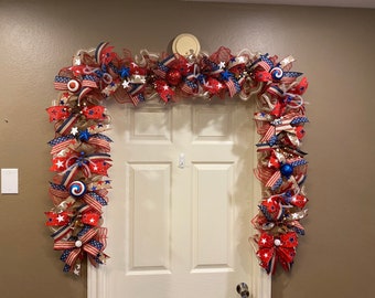 72"L Galvanized Truck Garland Patriot's Day Decorations Metal American Flag Hanging Garland For Indoor Outdoor Wall Decor