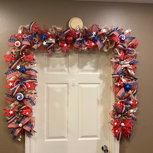 Patriotic Garland, Patriotic Swag,  Red White and Blue Garland, Door Garland, Door Swag, Mantle Garland, Patriotic Door Decor, 4th of July