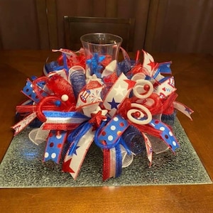 Patriotic Centerpiece, 4th of July Centerpiece, Summer Centerpiece, Red White and  Blue Decor, Table Decor, Candle Holder, Small Wreath