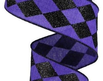 May include: Purple and black checkered ribbon with a glittery finish. The ribbon is 2.5 inches wide and is perfect for adding a touch of sparkle to your crafts and decorations.