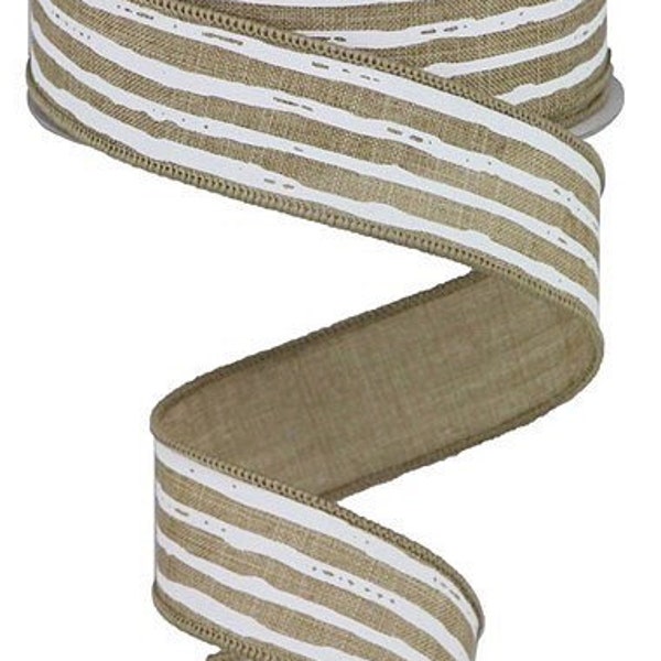 Stripe Ribbon, White Stripe Ribbon, Beige Stripe Ribbon, White Ribbon, Burlap Ribbon, Wired Ribbon, 1 1/2", 10 Yard, RGA138101