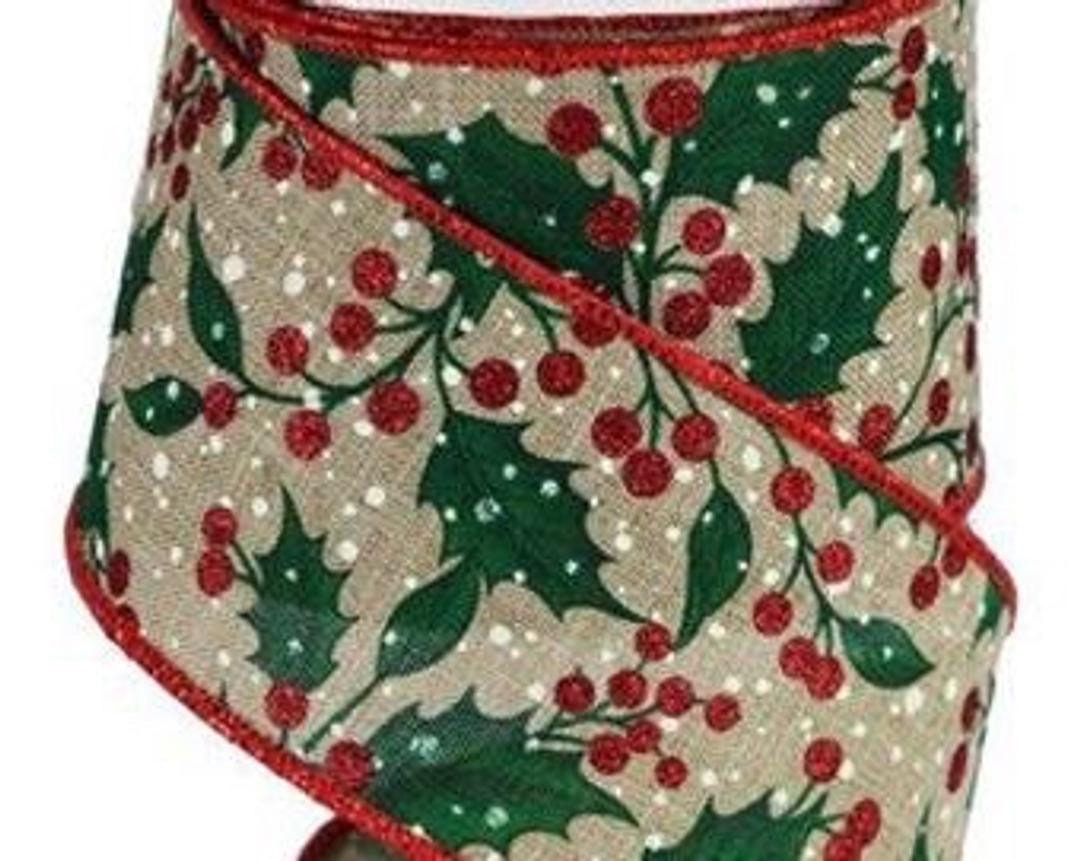 Christmas Ribbon, Holly Berry Ribbon, Christmas Holly Berry Ribbon, 2.5" Wired Ribbon, 10 Yard ...