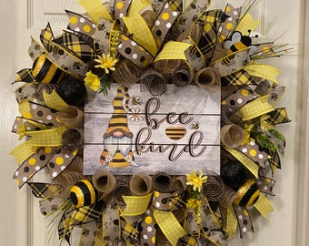 Bee Wreath, Gnome Wreath, Bee Kind Wreath, Door Wreath, Summer Wreath, Spring Wreath, Everyday Wreath