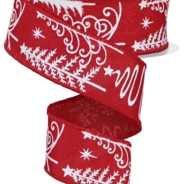 Christmas Ribbon, Christmas Tree Ribbon, Red Christmas Tree Ribbon, 1.5" Wired Ribbon, 10 Yard Roll, Burlap Ribbon, RGE161724