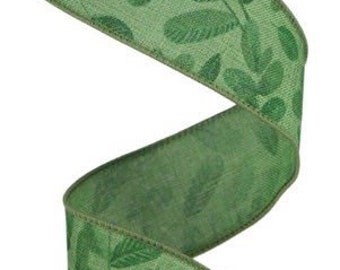 Green Ribbon, Greenery Ribbon, Leaf Ribbon, Bold Leaf Ribbon, Burlap Ribbon, 1 1/2", Wire Ribbon, 10 Yard Roll