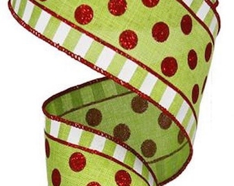 Christmas Ribbon, Green Ribbon, Polka Dot Ribbon, Red Polka Dot Ribbon, Wired Ribbon, 2 1/2&quot;, 10 Yard Roll