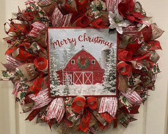 Christmas Wreath, Merry Christmas Wreath, Farmhouse Wreath, Barn Wreath, Burlap Wreath, Red Wreath, Rustic Wreath