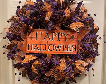 Happy Halloween Wreath, Halloween wreath for front door. door wreath, Spider Wreath, wreath for front door, Purple and Orange Wreath