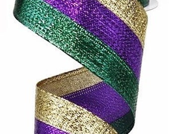 May include: A 2.5 inch wide wired ribbon with gold, purple, and green stripes. The ribbon has a metallic sheen and is perfect for crafting and decorating.