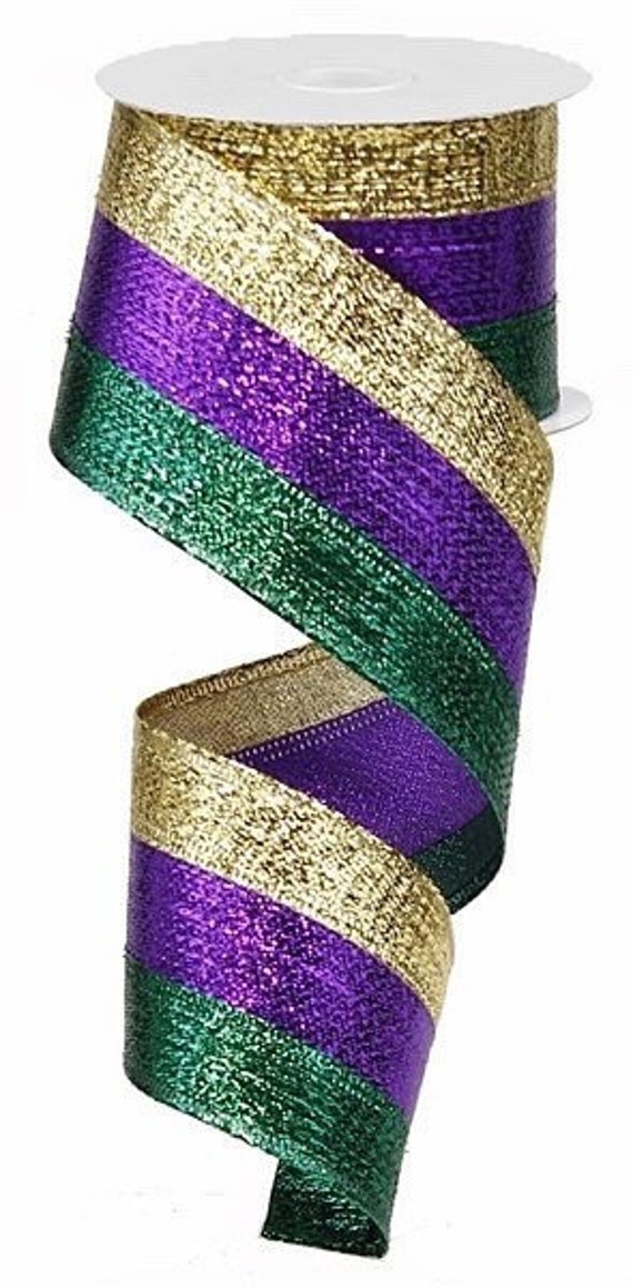 2.5 x 10 YD Mardi Gras 3 in 1 Metallic Wired Ribbon in Purple/Green/Gold