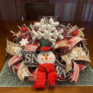 Christmas Centerpiece, Holiday Centerpiece, Snowman Centerpiece, Snowflake Centerpiece, Table Decor, Candle Holder, Small Christmas Wreath