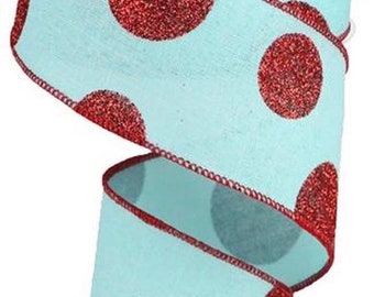 Christmas Ribbon, Blue Ribbon, Polka Dot Ribbon, Red Polka Dot Ribbon, Wired Ribbon, 2 1/2&quot;, 10 Yard Roll