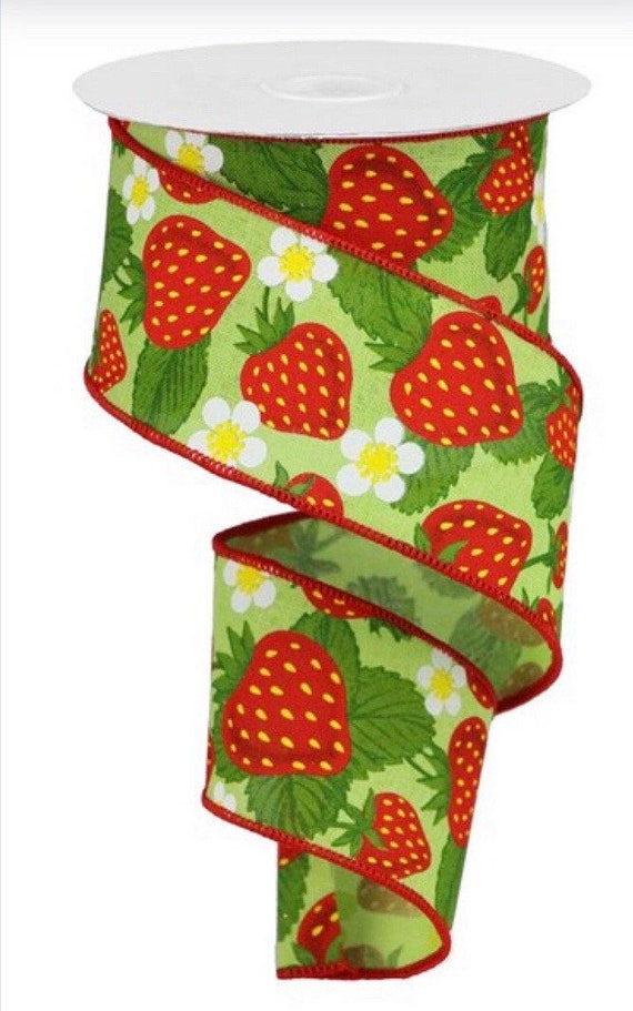 Strawberry Ribbon, Fruit Ribbon, Spring Ribbon, Summer Ribbon, Burlap  Ribbon, Wreath Ribbon, Green Ribbon, 2 1/2”, 10 Yard, Bow Ribbon