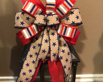 Patriotic Bow, 4th of July Bow, Stars and Stripes Bow, Wreath Bow, Lantern Bow, Patriotic Wreath Bow, Basket Bow, Burlap Bow