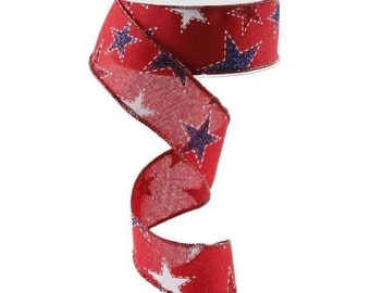 Patriotic Ribbon, Red Star Ribbon, Red Glitter Star Ribbon, USA Ribbon, Wired Ribbon, 1 1/2" Wired Ribbon, 10 Yard Roll, RG0165724