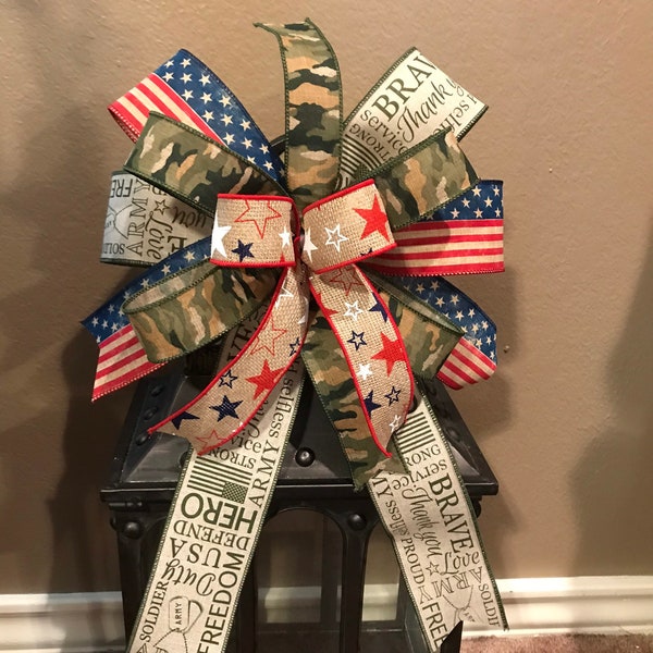 Patriotic Bow, Army Bow, Military Bow, USA Bow, Camo Bow, American Flag Bow, Wreath Bow, Lantern Bow, Basket Bow