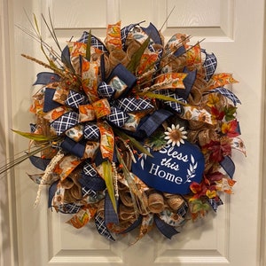 Fall Wreath, Pumpkin Wreath. Blue Wreath, Thanksgiving Wreath, front door wreath, Fall Wreath for Front Door, Blue and Orange Fall Wreath