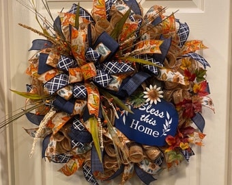 Fall Wreath, Pumpkin Wreath. Blue Wreath, Thanksgiving Wreath, front door wreath, Fall Wreath for Front Door, Blue and Orange Fall Wreath