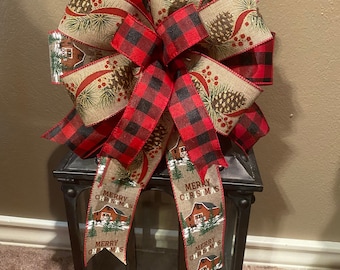 Christmas Bow, Farmhouse Bow, Christmas Wreath Bow, Christmas Lantern Bow, Red and Black Plaid Christmas Bow, Rustic Plaid Christmas Bow