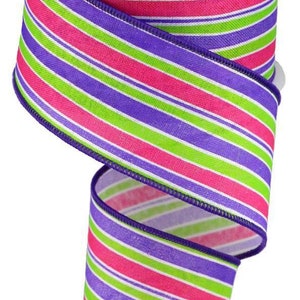 Spring Stripe Ribbon, Pink Green Purple Stripe Ribbon, Wired Ribbon, 2 1/2&quot; Wired Ribbon, 10 Yard Roll