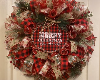 Christmas Wreath, Merry Christmas Wreath, Farmhouse Wreath, Barn Wreath, Buffalo Check Wreath, Burlap Wreath, Red Wreath, Rustic Wreath