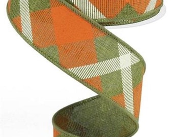 May include: A 2.5 inch wide plaid ribbon with orange, green, and white squares. The ribbon is woven with a textured, burlap-like fabric.