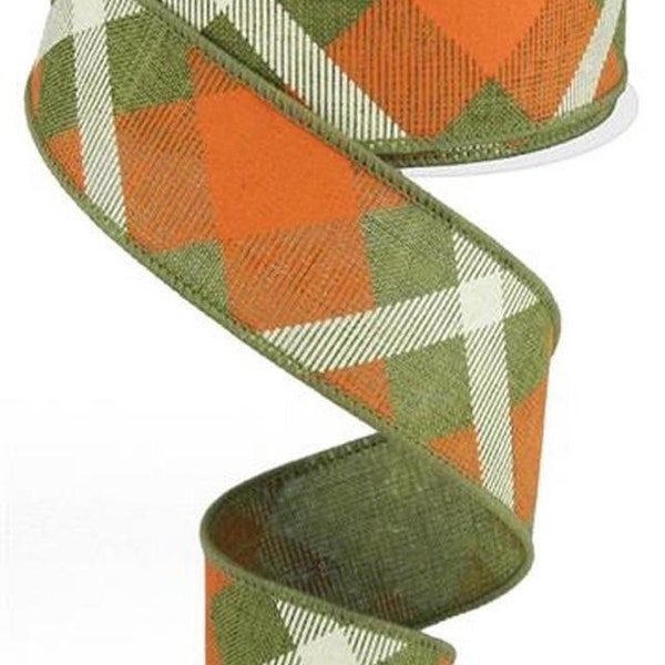 Fall Ribbon, Orange Plaid Ribbon, Green Plaid Ribbon, Fall Plaid Ribbon, Burlap Ribbon, 1 1/2" Wired Ribbon, 10 Yard Roll, RG01682EW