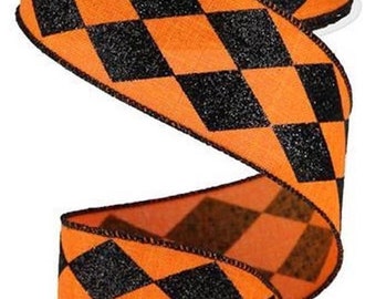 Halloween Ribbon, Orange Ribbon, Harlequin Ribbon, Glitter Harlequin Ribbon, Wired Ribbon, 2" Wired Ribbon, 10 Yard Roll, RGA149920