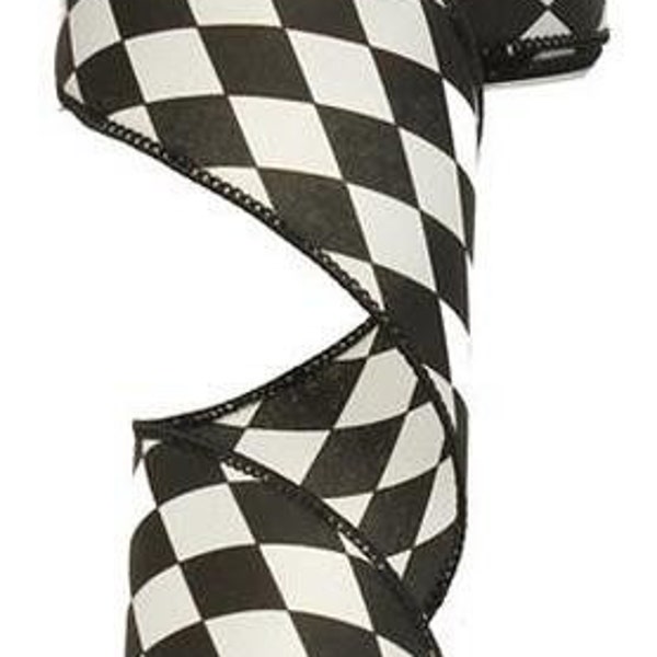 Black Ribbon, Harlequin Ribbon, Black and White Harlequin Ribbon, Wired Ribbon, 2 1/2" Wired Ribbon, 10 Yard Roll