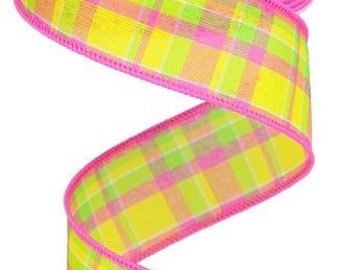 Yellow Ribbon, Pink Ribbon, Pink and Yellow Plaid Ribbon, Spring Plaid Ribbon, 1.5" Wired Ribbon, 10 Yard Roll, RGA1061
