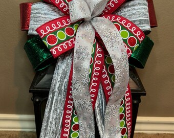 Christmas Bow, Snowflake Bow, Red and Green Metallic Bow, Polka Dot Bow, Christmas Wreath Bow, Christmas Lantern Bow, Door Hanger Bow