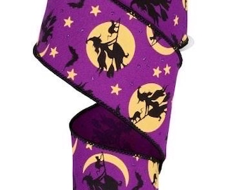 Halloween Ribbon, Witch Ribbon, Flying Witch Ribbon, Halloween Wreath Ribbon, Halloween Bow Ribbon, 2.5" Wired Ribbon, 10 Yard Roll