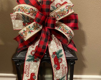 Christmas Bow, Vintage Red Truck Bow, Christmas Wreath Bow, Christmas Lantern Bow, Red and Black Buffalo Check Christmas Bow