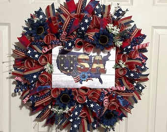 Patriotic Wreath, USA Wreath, Door Wreath, Red White and Blue Wreath, 4th of July Wreath, Memorial Day Wreath