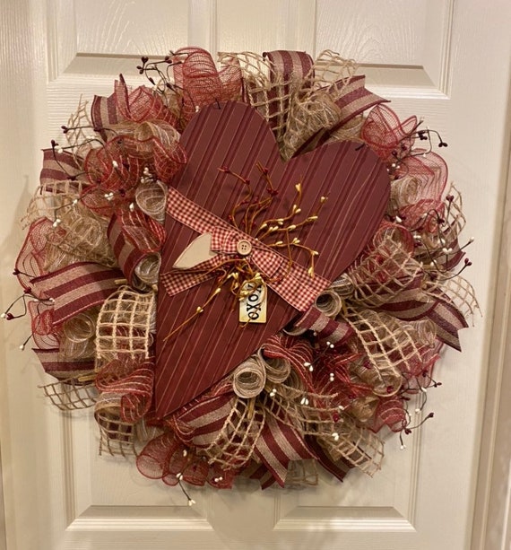 Valentine's Day mesh ribbon wreath with glitter hearts and birds