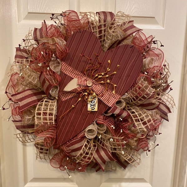 Valentine’s Day Wreath, Burlap Wreath, Heart Wreath, Rustic Wreath, Farmhouse Wreath, Door Wreath