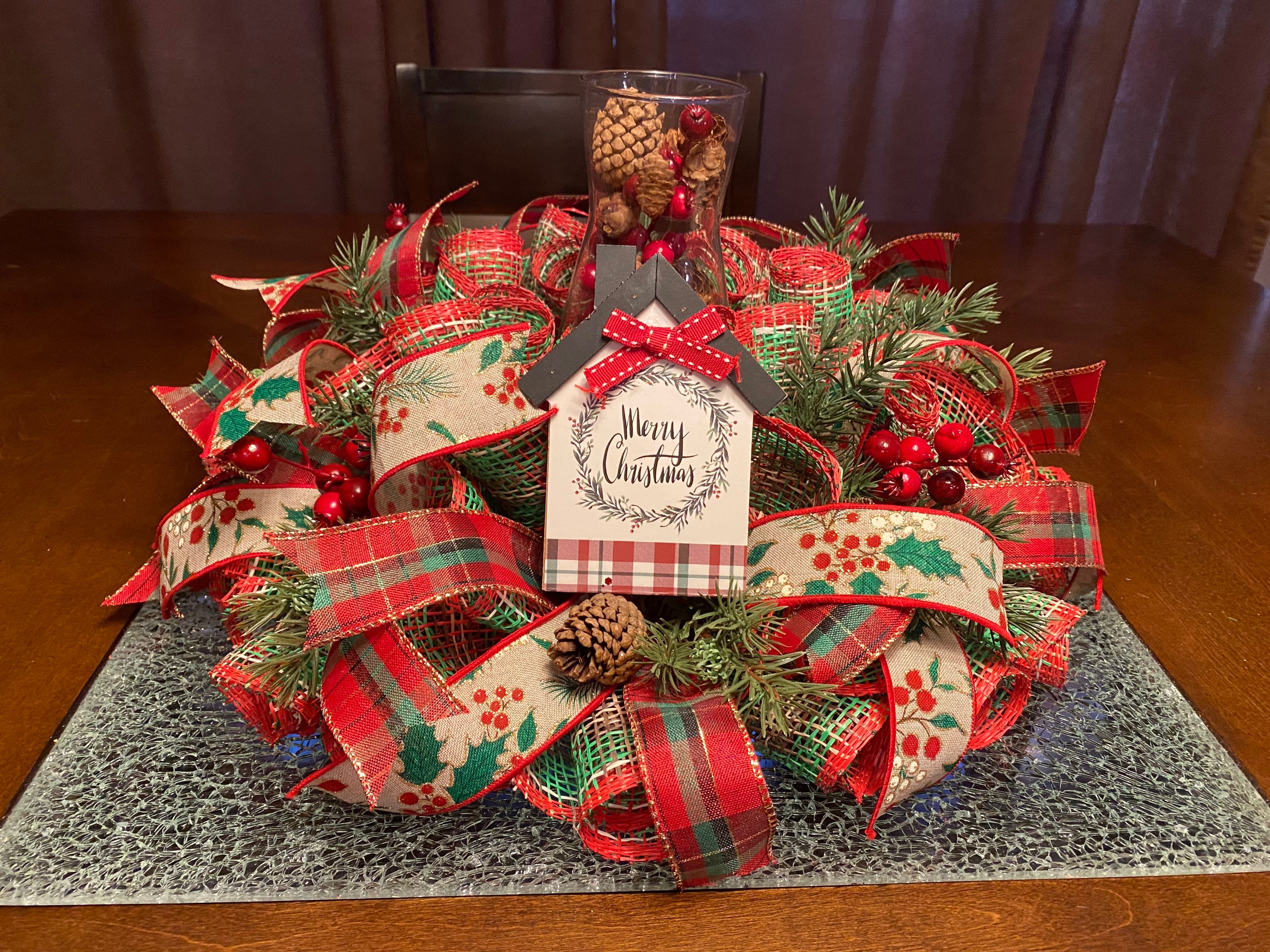 Christmas Centerpiece, Holiday Centerpiece, Rustic Centerpiece, Traditional Centerpiece,  Table Decor, Candle Holder, Small Christmas Wreath