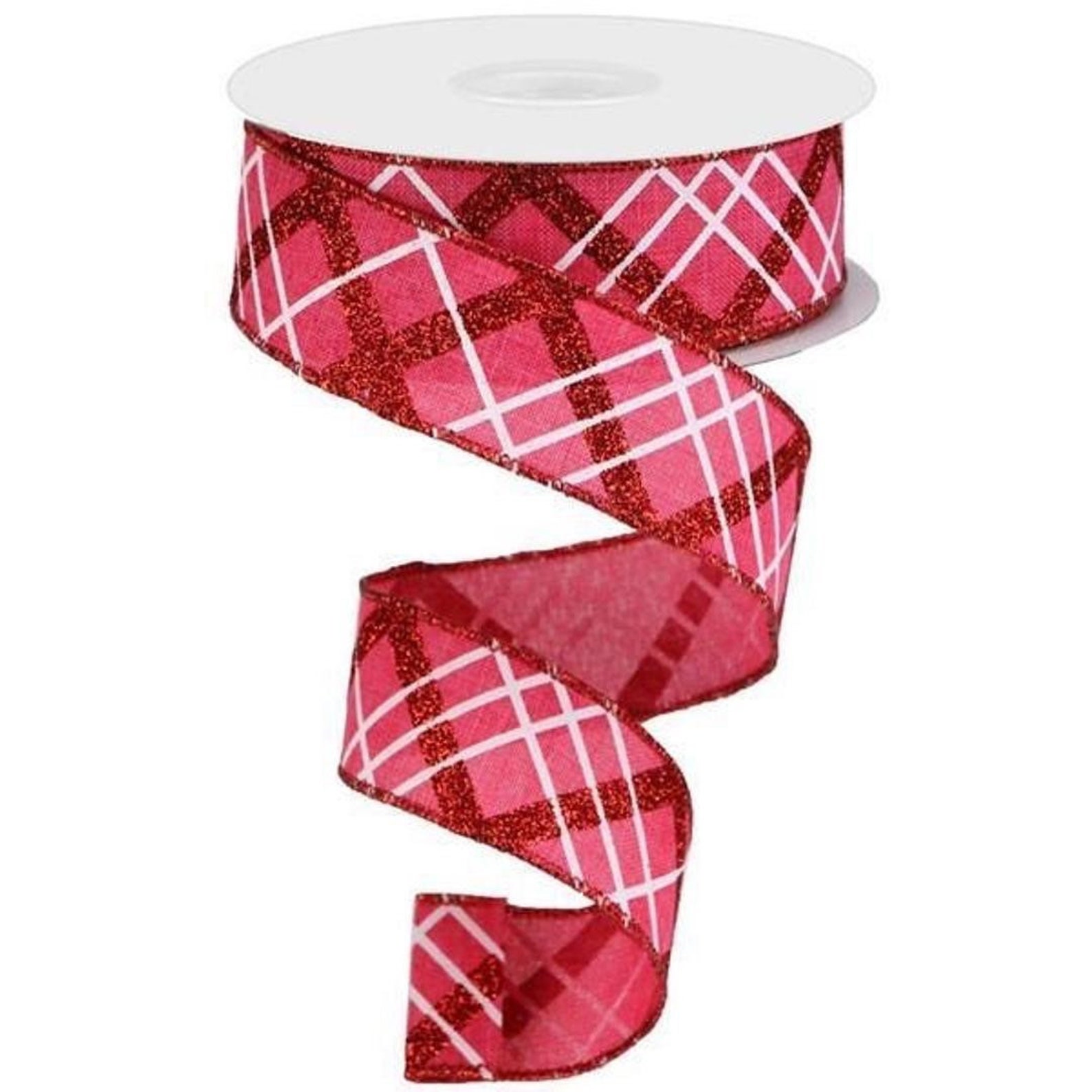 Pink Plaid Pattern Ribbon Pink Ribbon, Pink Plaid Ribbon, Glitter Ribbon, Burlap Ribbon, Wired ...