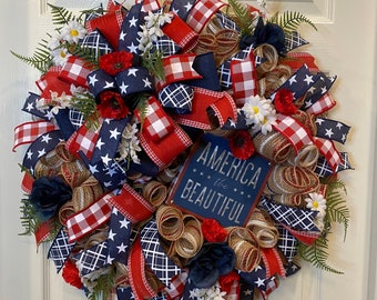 Patriotic Wreath, Patriotic Floral Wreath, America the Beautiful, Patriotic wreath for front door. door wreath, 4th of July wreath