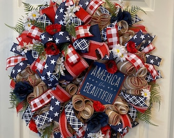 Patriotic Wreath, Patriotic Floral Wreath, America the Beautiful, Patriotic wreath for front door. door wreath, 4th of July wreath