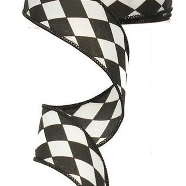 Black Ribbon, Harlequin Ribbon, Black and White Harlequin Ribbon, Wired Ribbon, 1 1/2" Wired Ribbon, 10 Yard Roll