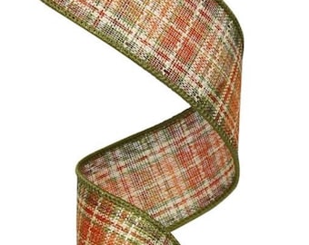 Orange Plaid Ribbon, Green Plaid Ribbon, Fall Ribbon, Burlap Ribbon, 1 1/2" Wire Edge Ribbon, Ribbon, 10 Yard Roll, RG0190
