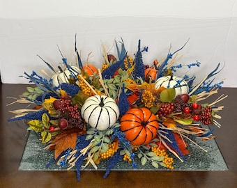 Fall Centerpiece, Autumn Centerpiece, Pumpkin Centerpiece, Blue Pumpkin Centerpiece, Thanksgiving Centerpiece, Fall Decor, Small Fall Wreath