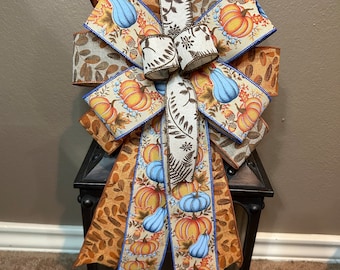 Fall Bow, Pumpkin Bow, Blue Pumpkin Bow, Orange  Bow, Blue Fall Wreath Bow, Fall Lantern Bow, Thanksgiving Wreath Bow, Door Hanger Bow
