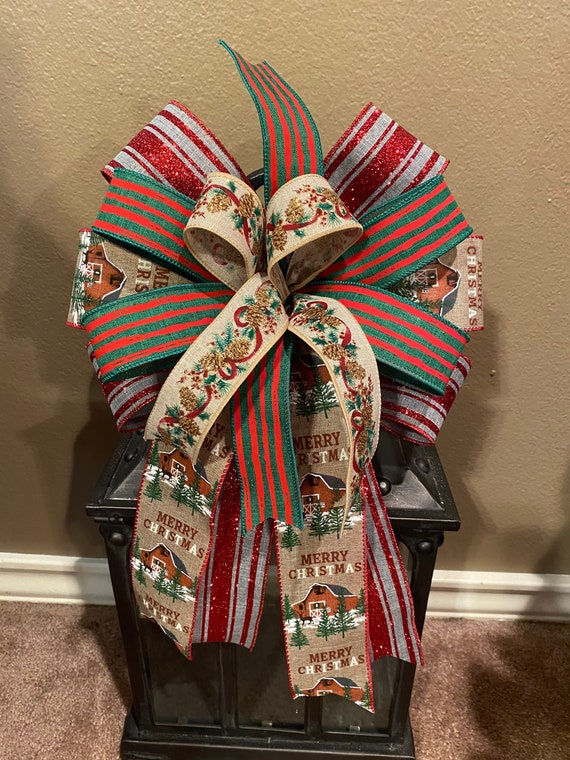 Christmas Bow, Farmhouse Bow, Rustic Bow, Glitter Bow, Christmas Wreath Bow, Christmas Lantern Bow, Red and Green Christmas Bow