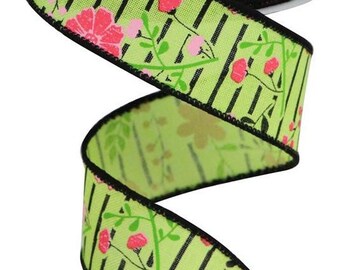 Green Floral Ribbon, Spring Ribbon, Floral Ribbon, Spring Floral Ribbon, Wired Ribbon, 1 1/2" Wired Ribbon, 10 Yard Roll