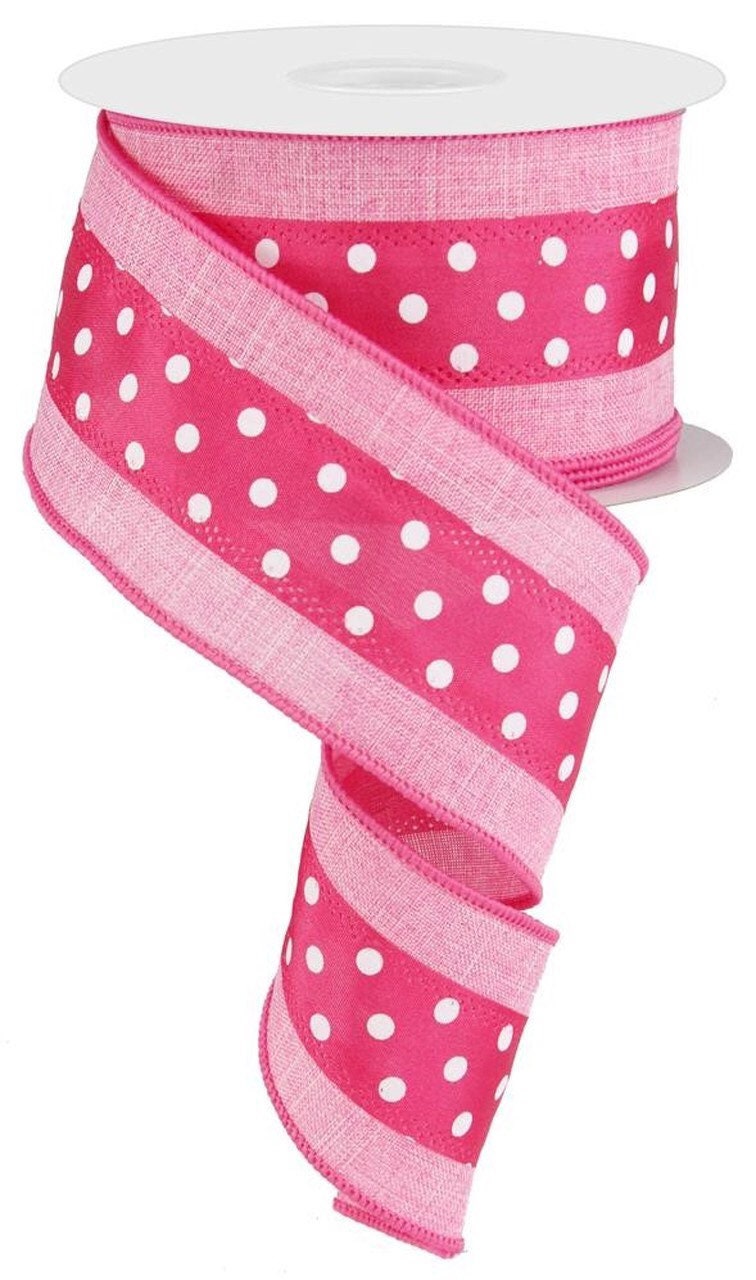 Poca Ribbon Pink Ribbon, Pink Polka Dot Ribbon, Wired Ribbon, 2 1/2